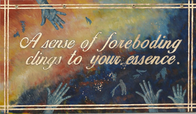 A painting with human hands in red and blue. The painting says "A sense of foreboding clings to your essence."