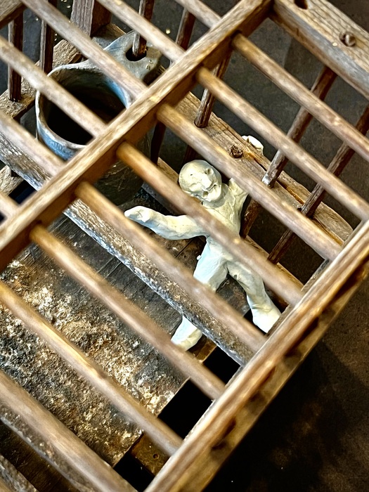 A photograph of a figure trapped in a cage. 